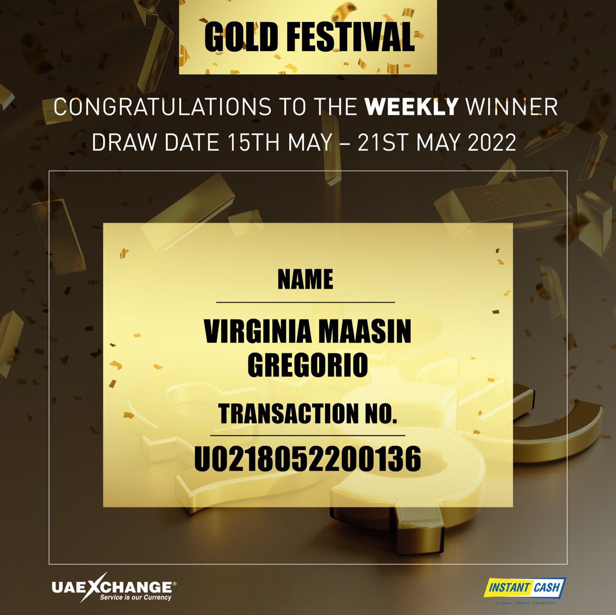 uaexchangekw's tweet photo. Congratulations to the Daily and Weekly winners.
Draw date - 15th May - 21st May 2022. For any further information kindly contact 1808800
#uaeexchange
#uaexchangekuwait
#uaeexchangekuwait
#goldfestival #megapromotion https://t.co/9u1gS4HAtp