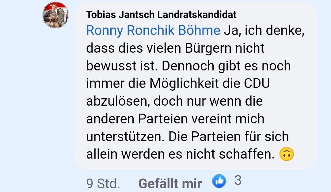 Der Letztplatzierte der Landratswahl Bautzen Tobias Jantsch (8,6%) fordert AFD-Kandidat Peschel (28,1%) und @theile_alex (25%) auf, ihre Kandidatur zurückziehen und ihn zu unterstützen. 🤡
#LRWBZ22