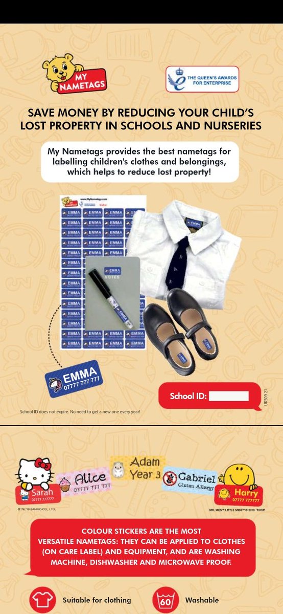 colette_mcgill's tweet photo. @stjohnsERC 
An easy way to raise funds for the school! NAME TAGS.
When ordering it is essential you use the school ID (62911) to enable us to gain 24% of the purchase price. DO NOT use the school name. Any funds generated are then spent on the children. 
https://t.co/cuuXD8c9ZK https://t.co/iNM7qItyeq