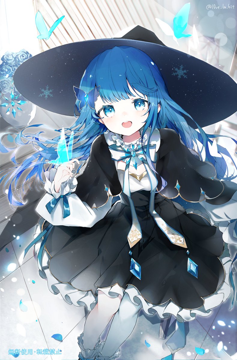 1girl blue hair blue eyes hat witch hat solo long hair  illustration images