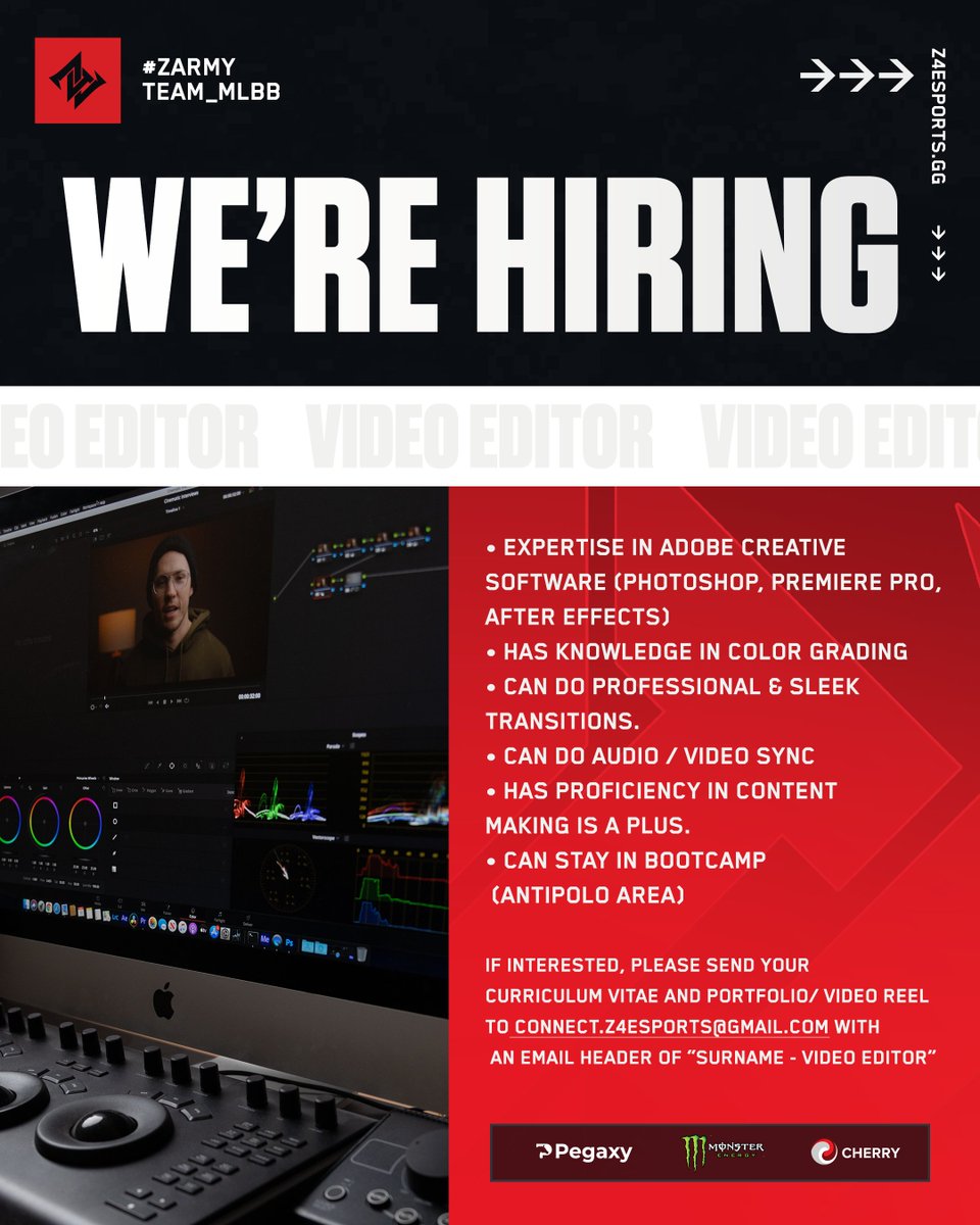 z4esports_'s tweet photo. WE ARE HIRING!🖤🔥

Z4 Esports is looking for a video editor who can join us here on our Bootcamp. Please see the qualifications down below.⬇️

✉: connect.z4esports@gmail.com / or dm us

#Z4Pegaxy #Z4Terminator #Z4Esports #Pegaxy #Cherry #MonsterEnergy https://t.co/v2EfAKR8aW