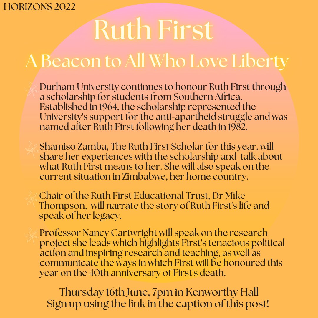 🌅HORIZONS 2022: RUTH FIRST - A BEACON TO ALL WHO LOVE LIBERTY 🌅
Thursday 16th June, 7pm in Kenworthy Hall.
There's still time to sign up here: forms.office.com/r/s6Ed4pxjZX
Check out the information posters below for further information.
#stmaryscollegehorizons #ruthfirst
