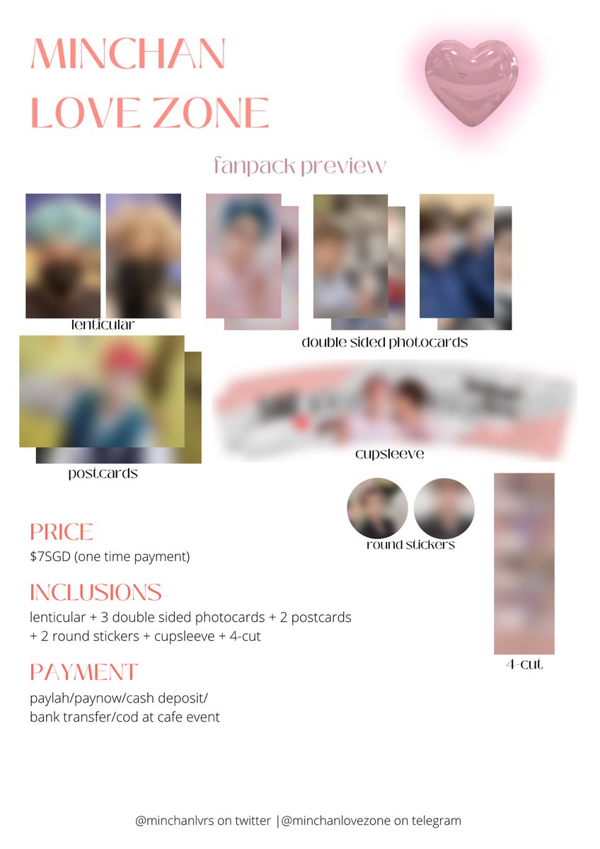 minchanlvrs's tweet photo. — from stay, love minchan 

[pre-order fanpack preview]

$7SGD (one time payment)

fanpack includes  :
- 1 cupsleeve
- 3 double sided photocards
- 1 lenticular
- 1 4-cut
- 2 round stickers
- 2 postcards

form link to pre-order : https://t.co/XnaiqkHMiG

#MinchanLoveZone https://t.co/aYX8GQ2Nfd