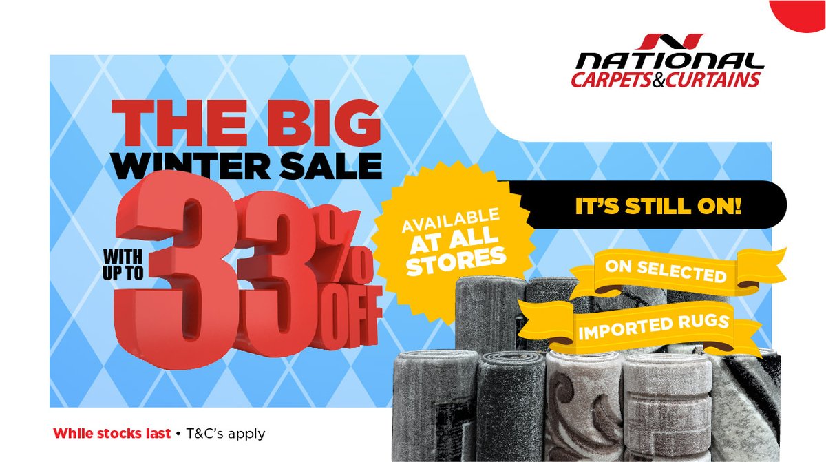 NatCarpetsZw's tweet photo. Visit a branch near you and take a look at our wide range of flooring options. We also have up to 33% off on selected imported rugs during our Big Winter Sale - while stocks last. T&amp;C’s apply.

#nationalcarpetszw #belgotex #bigwintersale2022 #importedrugs #carpets #flooringexpert https://t.co/Fs6kQUuEIU