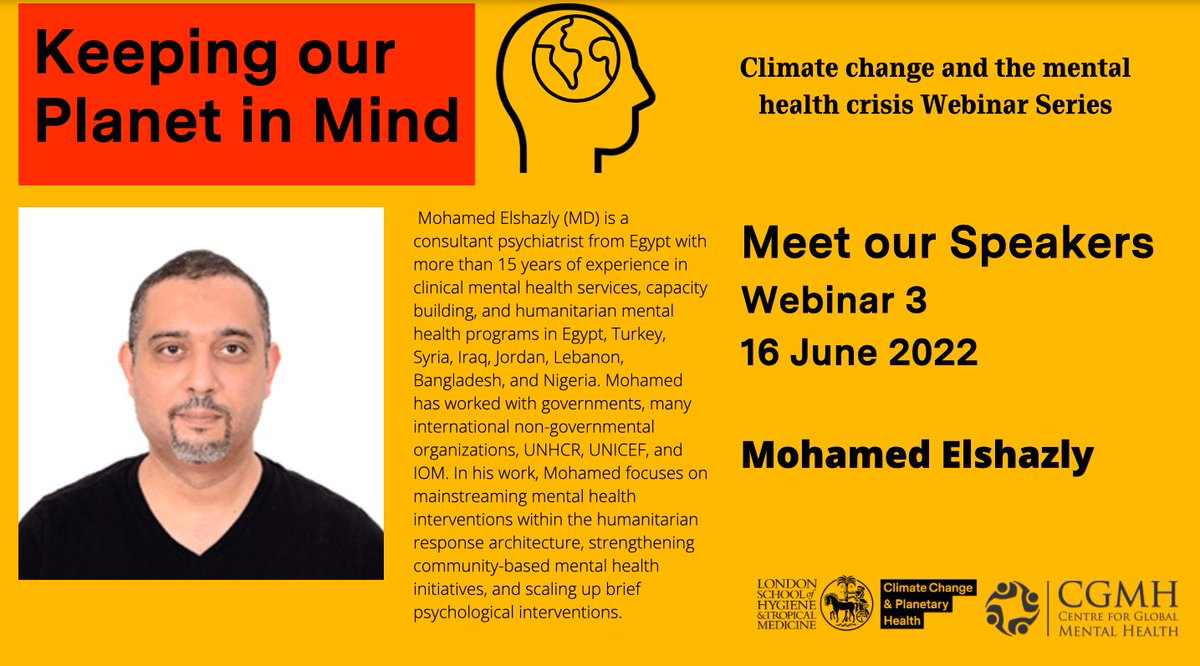 📢Meet our speakers! This week, <a href="/drmelshazly/">Mohamed Elshazly</a> in the 3rd Webinar #keepingourplanetinmind Series on #climatechange &amp; #mentalhealth co-hosted by <a href="/LSHTM_Planet/">Centre on Climate Change & Planetary Health, LSHTM</a> and <a href="/GMentalHealth/">Centre for GMH</a> 🌍
🪑<a href="/mirandarwolpert/">Prof Miranda Wolpert</a> &amp; Alan Dangour 

🗓️16June2022 
🕛12.00-13.30BST 

Info at👇
lshtm.ac.uk/newsevents/eve…