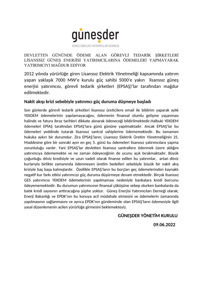 EPSAŞ'ların Lisanssız Güneş Enerji Santrallerine ödeme yapmaması ile ilgili GÜNEŞDER olarak yayınladığımız basın bültenimiz #GES  #epdk <a href="/fatih_donmez/">Fatih Dönmez</a>