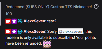 ok ok I'm getting a little bit fancier now with my redeems.

Subscriber only redeem. they can now set their own nicknames in the text to speech bot. (and it actually work for subs only lol)

More thanks to <a href="/LioranBoard/">LioranBoard</a> for their awesome app! 💖

#twitchstreamer #VR #TTS