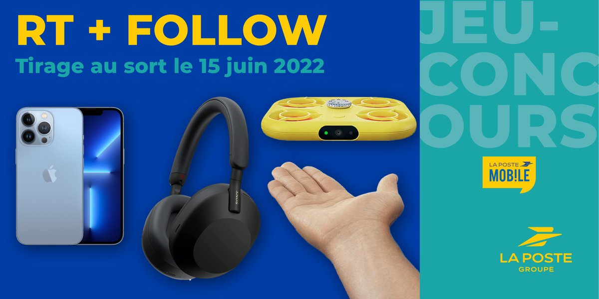 [#Concours🎁]

A l’occasion de #Vivatech, le groupe #LaPoste et <a href="/La_Poste_Mobile/">La Poste Mobile</a> vous font gagner : 

1 #iPhone 13 📱
1 casque Sony #XM5 🎧
1 #drone Picky Snapchat🚁

RT+Follow <a href="/GroupeLaPoste/">La Poste Groupe</a> et <a href="/La_Poste_Mobile/">La Poste Mobile</a> 

🎰Tirage au sort 1️⃣5️⃣ juin à 17h30🕠
