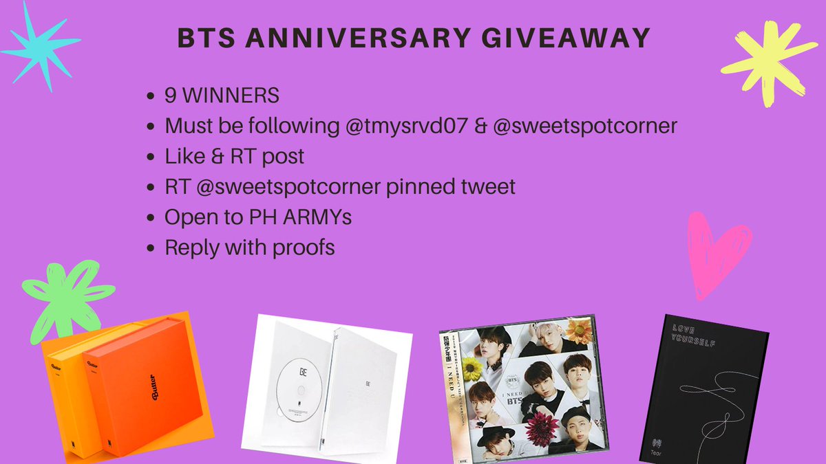 tmysrvd07's tweet image. ღ BTS Anniversary Giveaway ღ

• 6 winners unsealed Butter albums with 1 Luckydraw pc
• 1 winner unsealed BE Essential with Luckydraw pc
• 1 winner sealed I Need U Japanese ver
• 1 winner unsealed LY Tear Y ver
• Please follow mechanics bellow
Starts today, ends on July 9
