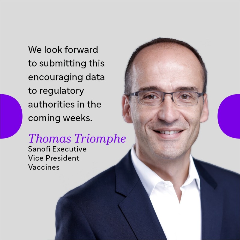 sanofi's tweet photo. We’re pleased to share new data, which show that the Sanofi-GSK next-gen #COVID19 booster candidate demonstrated a strong immune response against variants of concern tested, including #Omicron, in adults primed with mRNA vaccines.