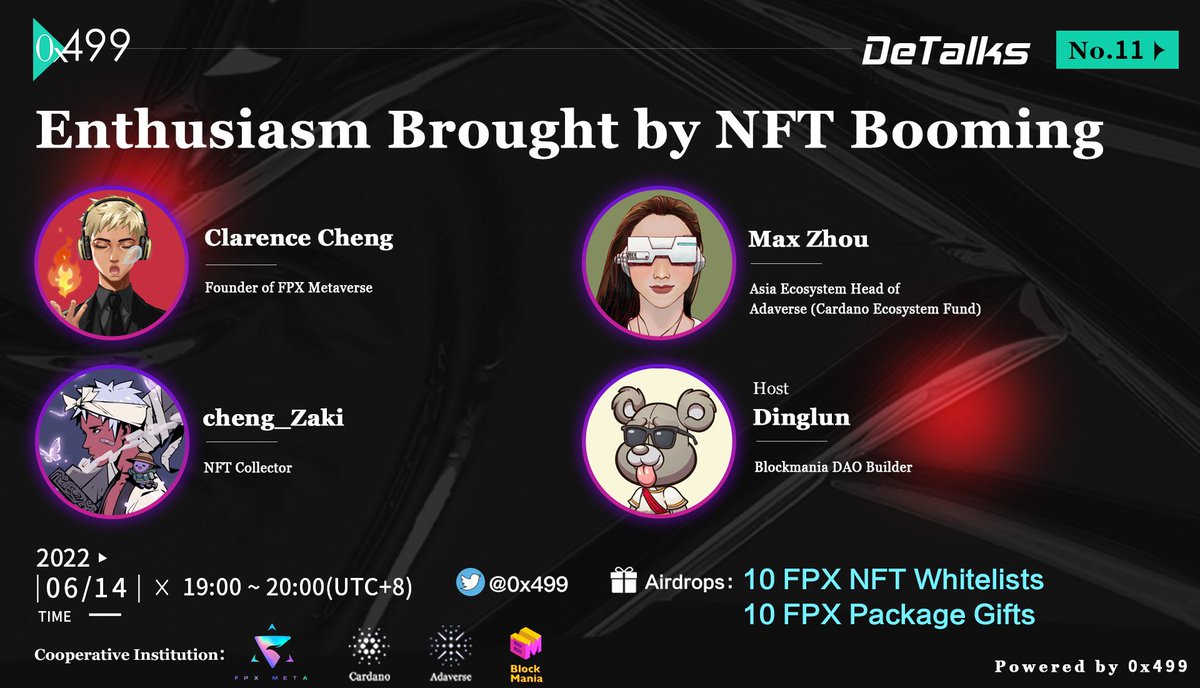 499_Group's tweet photo. 🔥 Enthusiasm Brought by #NFT Booming

⏰ 2022/06/14 at 7pm (UTC+8)

🎙️ @Softlipa1018 @CryptoClaZ2286
@MoMoxi17 @dinglunnft @Zaki192431

🎁 10 FPX NFT #Whitelists &amp; 10 #FPX Package #gifts

🎮 https://t.co/nLw4TarHHE

🐦 
https://t.co/7lvETTLQy1

#Web3 https://t.co/6zY4jI2a3Y