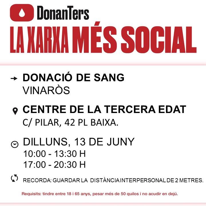 GVAdonasang's tweet photo. Donació de sang a #Vinaròs
📅 Dilluns #13Juny
📌Centre de la Tercera Edat
🕐10.00-13.30🕐17.00-23.30
𝑫𝒐𝒏𝒂𝒓 𝒔𝒂𝒏𝒈 𝒆́𝒔 𝒖𝒏 𝒂𝒄𝒕𝒆 𝒅𝒆 𝒔𝒐𝒍𝒊𝒅𝒂𝒓𝒊𝒕𝒂𝒕. 𝑺𝒖𝒎𝒂❜𝒕 𝒂 𝒍❜𝒆𝒔𝒇𝒐𝒓𝒄̧ 𝒊 𝒔𝒂𝒍𝒗𝒂 𝒗𝒊𝒅𝒆𝒔. https://t.co/nt0qbxZ6pQ