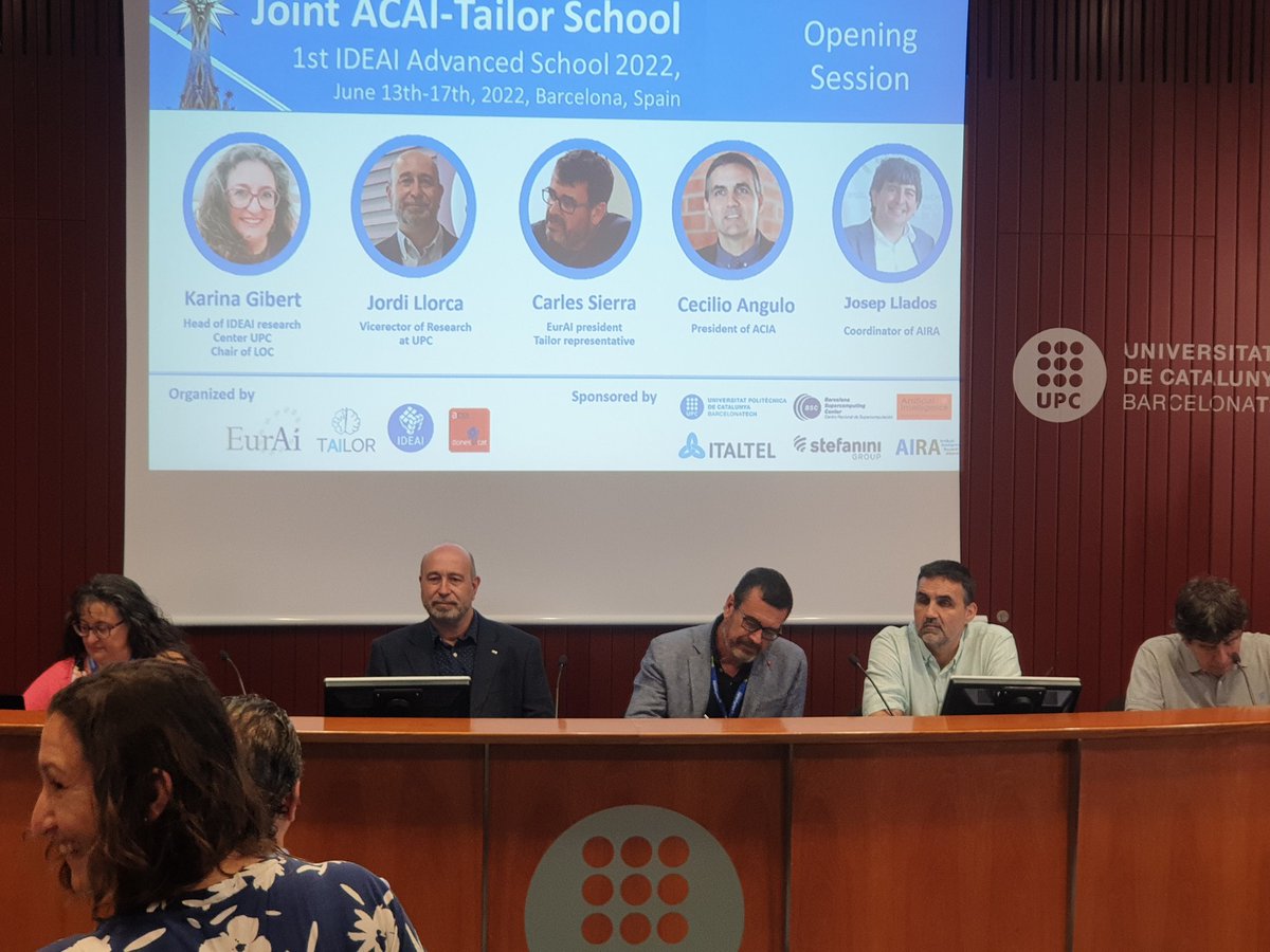 AIRACat_eu's tweet photo. Here we are with @IdeaiUpc and @KarinagibertK launching their 1st IDEAI Advanced School 2022 at @la_UPC with its vicerector and key speakers in #AI #CarlesSierra @IIIACSIC @JosepLlados @CVC_UAB @cecilioangulo @acia_cat #EURAI https://t.co/MSi6hPxCR8