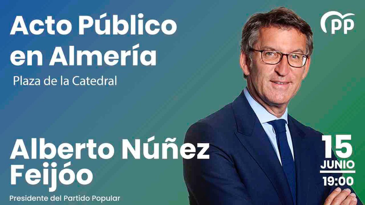 Este miércoles el presidente <a href="/NunezFeijoo/">Alberto Núñez Feijóo</a> participará en un acto público de apoyo a <a href="/JuanMa_Moreno/">Juanma Moreno</a> en Almería.
Recuerda:
🗓 Miércoles 15 de junio
📍Plaza de la Catedral
🕖 20h
¡Estáis todos invitados! 
¡Allí nos vemos! 😉👍