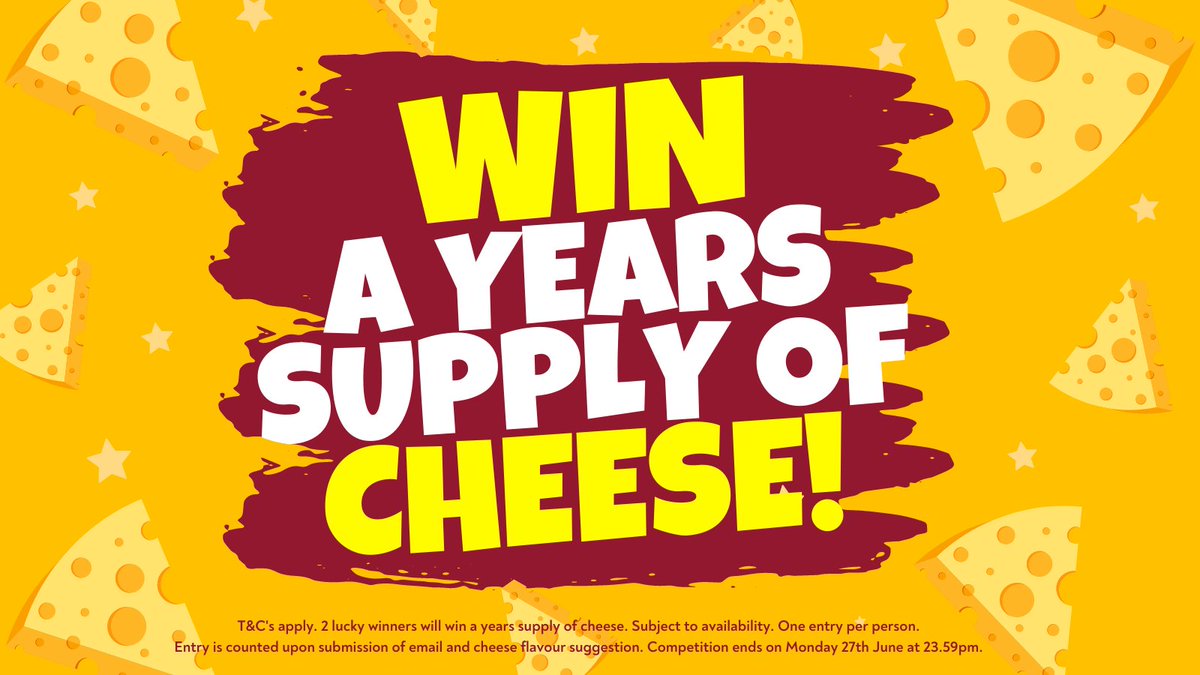 WIN A YEARS SUPPLY OF CHEESE 😱🙌🏻

🎉  We need TWO Lucky Winners! Like, retweet and tag a fellow cheese lover! 🎉

To enter, tell us what flavour cheese you'd like us to create next at: mailchi.mp/chucklingchees…

Good luck! 🤞🏻 

#notjustcheese #chucklingcheese