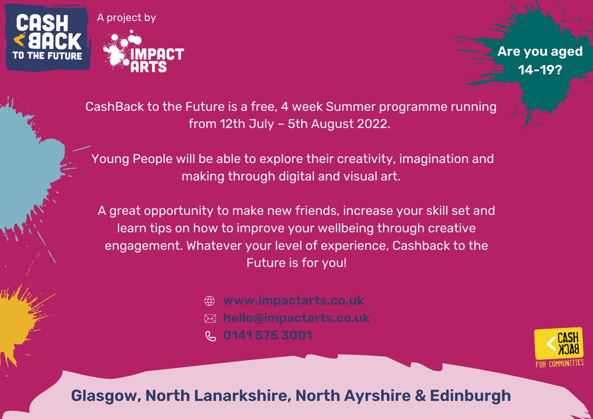 #CashBackToTheFuture Summer is back!

A jam packed 4 weeks of #creative opportunities for 14-19yr olds. A chance for them to explore their creative side, meet new people &amp; have fun. #Referrals are open, with spaces limited - ow.ly/jyfx50JvJSU