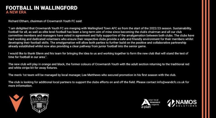 Wallingford Town AFC (@wallingfordtown) on Twitter photo A New Era
We are pleased to announce a new club will represent our area as the adult section of Wallingford Town AFC and the junior section of Crowmarsh Youth FC have amalgamated to become Wallingford & Crowmarsh FC
<a href="/wandcfc/">Wallingford and Crowmarsh FC</a>.
Statement from the club. A New Era
We are pleased to announce a new club will represent our area as the adult section of Wallingford Town AFC and the junior section of Crowmarsh Youth FC have amalgamated to become Wallingford & Crowmarsh FC
<a href="/wandcfc/">Wallingford and Crowmarsh FC</a>.
Statement from the club.