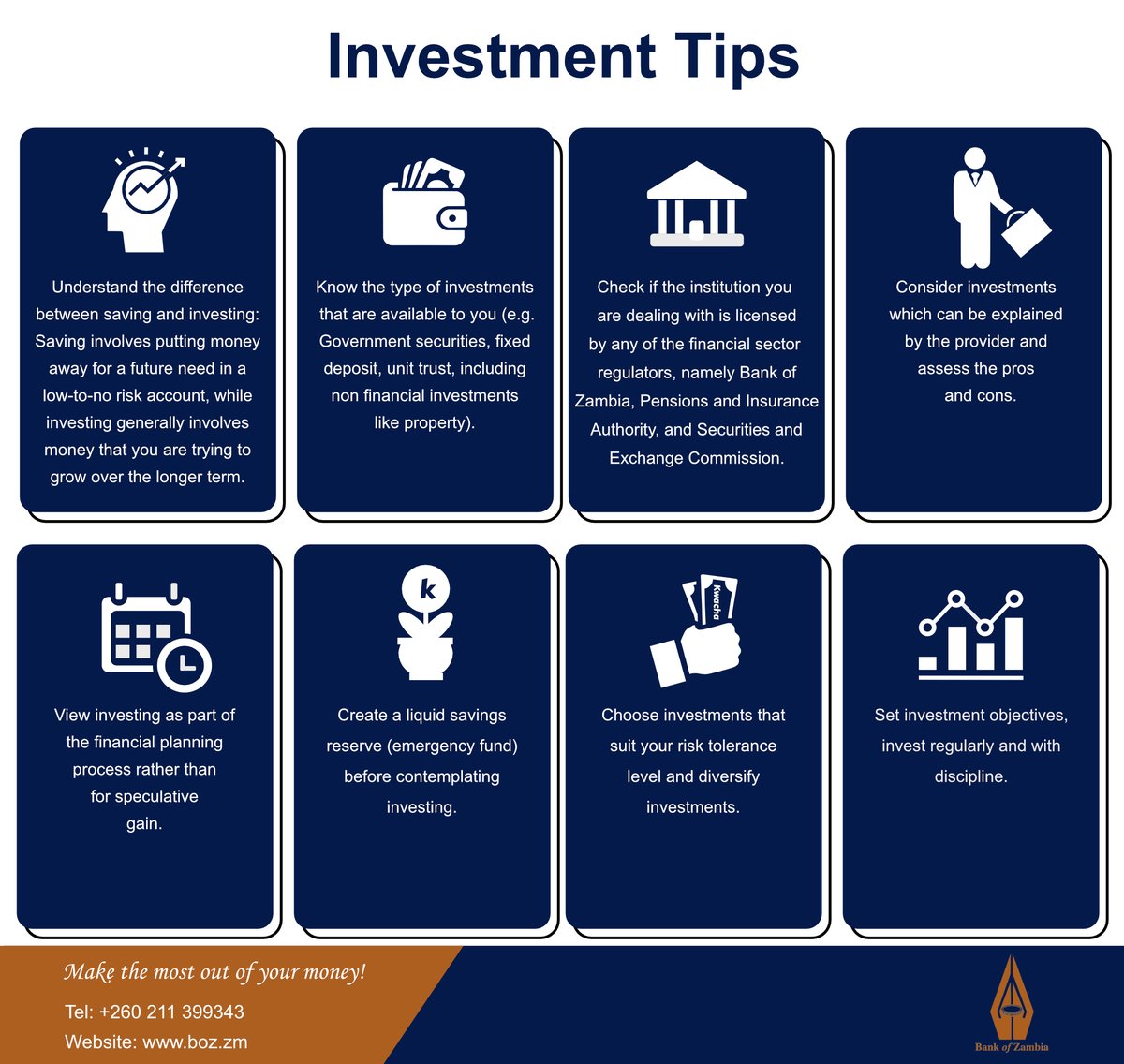 Saving involves putting money away for a future need in a low-to-no risk account, while investing generally involves money that you are trying to grow over the longer term. #BoZ