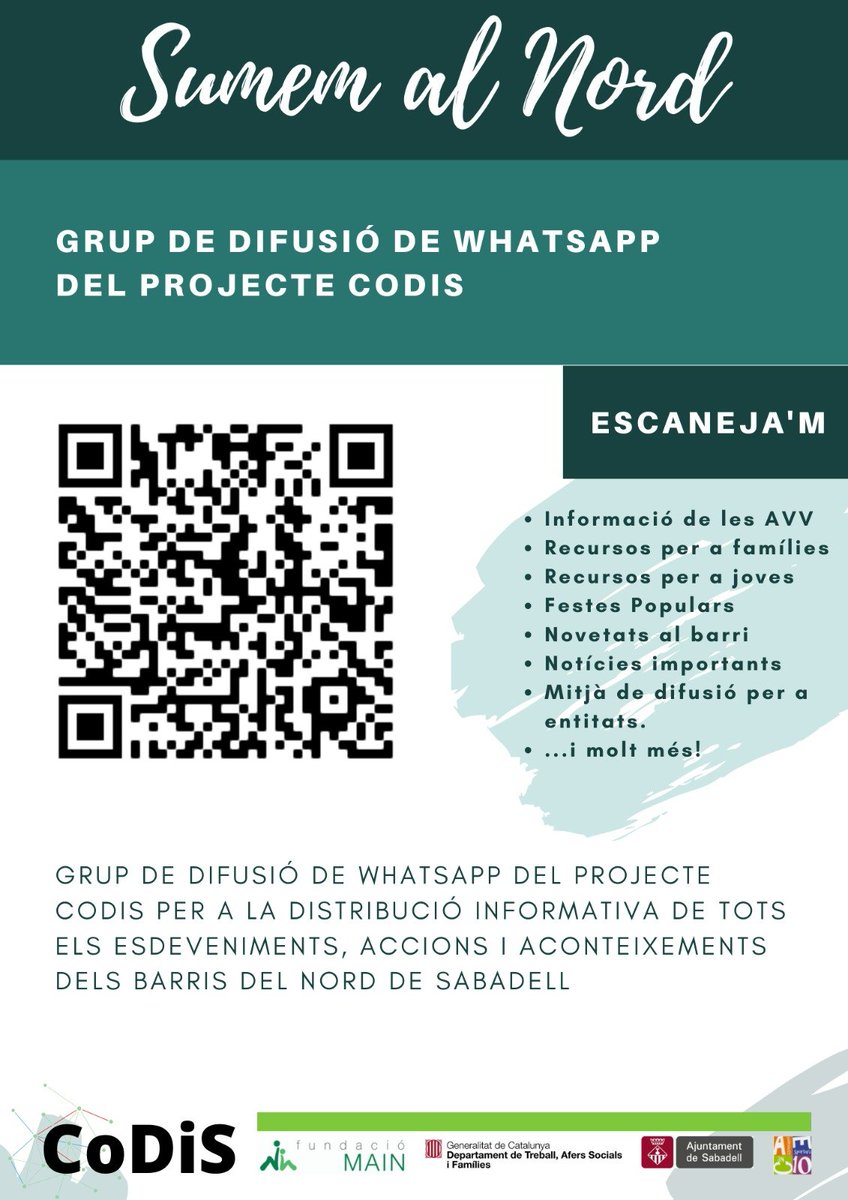 ATENCIÓ🙋🏽‍♀️
📢Vols estar al dia dels projectes i activitats comunitàries que es fan a Sabadell #Nord❓

➕Uneix-te al 𝐠𝐫𝐮𝐩 𝐝𝐞 𝐝𝐢𝐟𝐮𝐬𝐢𝐨́ 𝐝𝐞 𝐖𝐡𝐚𝐭𝐬𝐚𝐩𝐩 "𝐒𝐮𝐦𝐞𝐦 𝐚𝐥 𝐍𝐨𝐫𝐝" i rebràs una informació al dia❗️

#FemBarri #SomNord