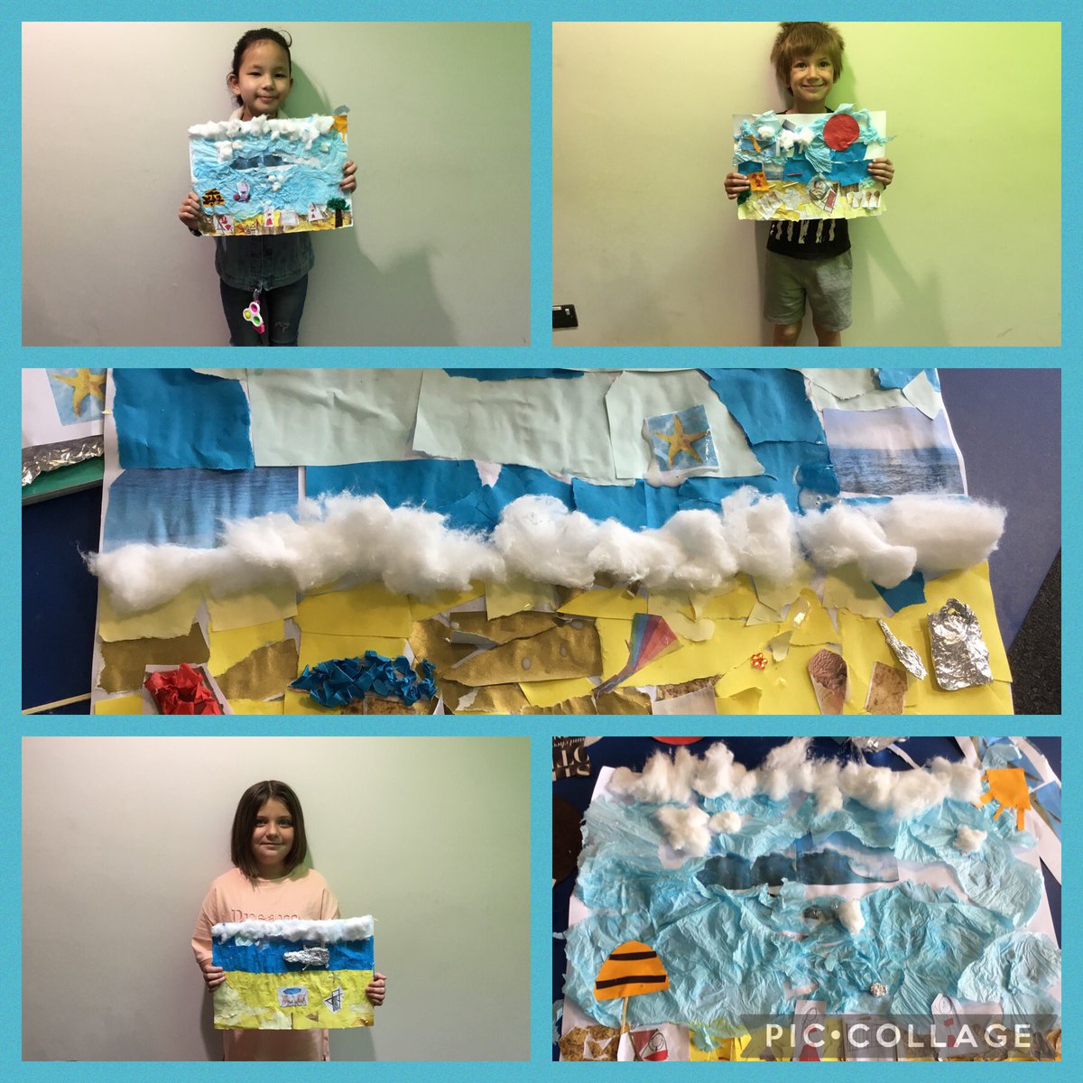 TGPS_NorthLincs's tweet photo. Year 4 created seaside collages using resources from around the school. The children used both montage and collage techniques, their work was inspired by David Hockney’s ‘Pool with two figures;. #TGPS #TGPSArt #SkyArts https://t.co/q01EuYunWj