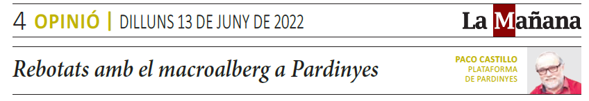 Per fi sabem on hi ha "el problema".
No era per la residència.
No és que abans hi hagués 136 places i ara les òptimes siguin 70 (malgrat cap equipament de 130 persones es titllat de macro).
No n'hi ha prou en separar els perfils.
...

El tema: feu el què feu que no sigui aquí.