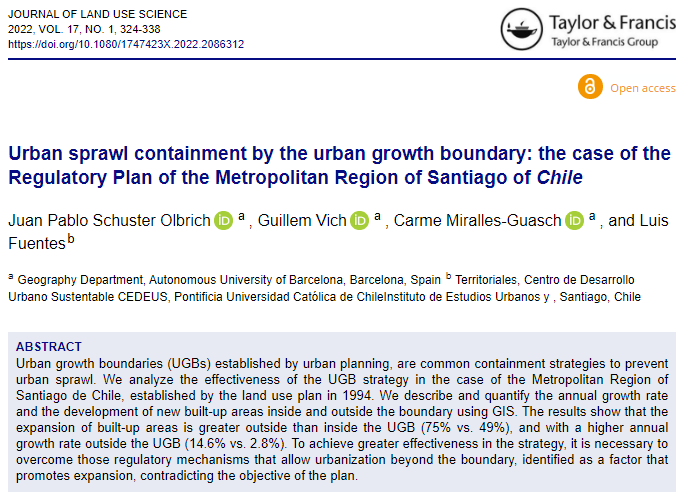 Are urban growth boundaries effective as a containment strategy? Go into detail about the case of Chile with our freshly published research
 🔗tandfonline.com/doi/full/10.10…

<a href="/ICTA_UAB/">ICTA-UAB</a> <a href="/ISGLOBALorg/">ISGlobal</a> <a href="/Geografia_UAB/">Geografia UAB</a> @LletresUAB <a href="/UABBarcelona/">Universitat Autònoma de Barcelona</a> <a href="/CedeusChile/">Centro de Desarrollo Urbano Sustentable - CEDEUS</a>