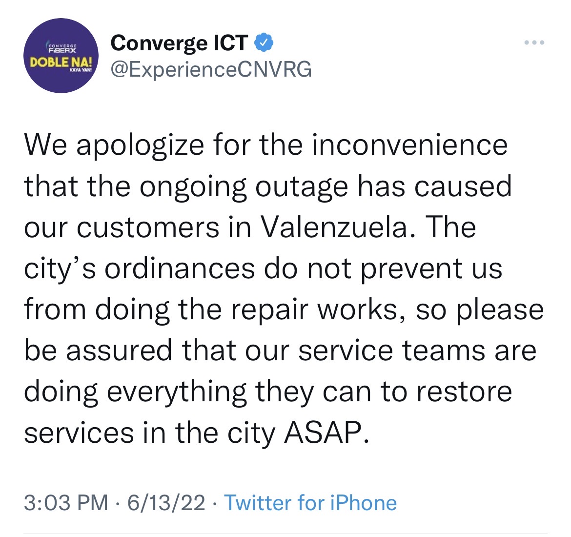 rex_gatchalian's tweet photo. To clarify....

@Converge_CSU stop blaming the city for your incompetence! 

We always allow repairs... https://t.co/PU1NseJj9M