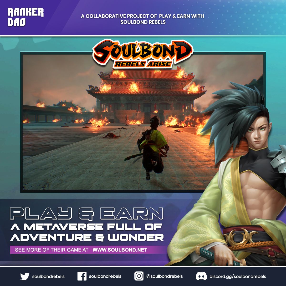 #RankerDAO is proud to announce a partnership with <a href="/Soulbondrebels/">Soulbond: Rebels Arise</a> , an exciting P2E game where you fight against tyranny in a metaverse full of adventure &amp; wonder! 

Rankers, it's time to stand up &amp; fight ⚔

Join the rebellion
👉 soulbond.net