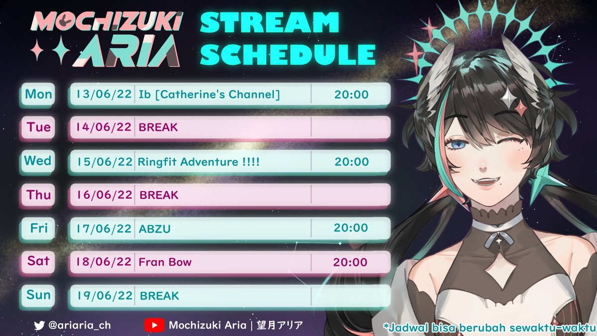 ariaria_ch's tweet photo. Another week another schedule! 
Let's start with the fitness adventure, y'all!!

Edit because I forgot to change the dates HAHA

Youtube Channel: https://t.co/WUQFtWROpy

General : #ARIAria
Art: #ARIAriART
Memes: #ARIAMemes
Live: #ARIARaibu https://t.co/8XmU2p5Ujk