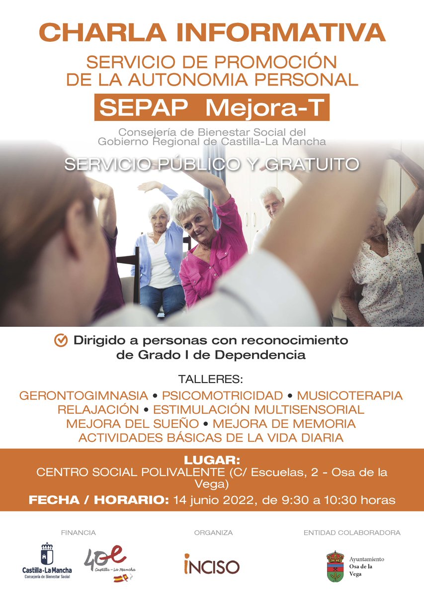IncisoES's tweet photo. 𝐂𝐡𝐚𝐫𝐥𝐚𝐬 𝐢𝐧𝐟𝐨𝐫𝐦𝐚𝐭𝐢𝐯𝐚𝐬 del programa 𝐒𝐄𝐏𝐀𝐏 𝐌𝐞𝐣𝐨𝐫𝐚𝐓, 🤲el servicio público y gratuito que promueve la 𝐚𝐮𝐭𝐨𝐧𝐨𝐦𝐢́𝐚 𝐩𝐞𝐫𝐬𝐨𝐧𝐚𝐥 de las personas con 𝐆𝐫𝐚𝐝𝐨 𝐈 𝐝𝐞 𝐃𝐞𝐩𝐞𝐧𝐝𝐞𝐧𝐜𝐢𝐚.
#SEPAP #autonomíapersonal @gobjccm @BienestarCLM https://t.co/RWW1zqjacw