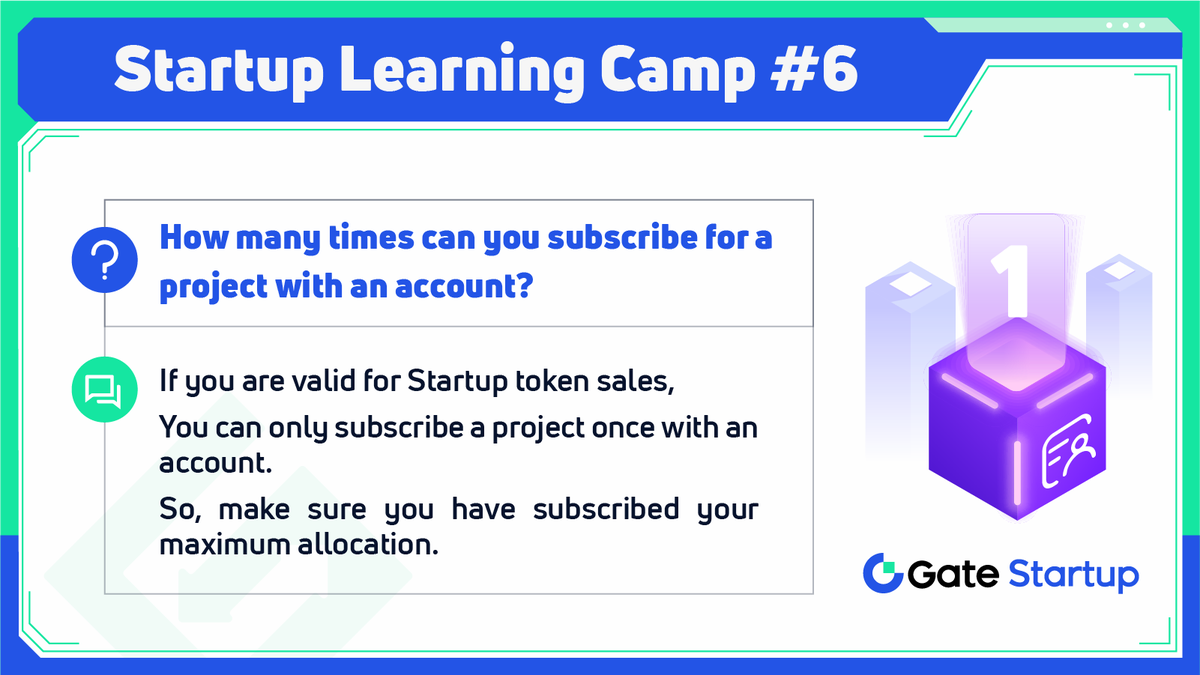 Gate_Launch's tweet image. #StartupLearningCamp #6 💌 ! 
How many times can you subscribe for a project with an account?
Check it out from the #KnowledgeCard below👇

#Gateio