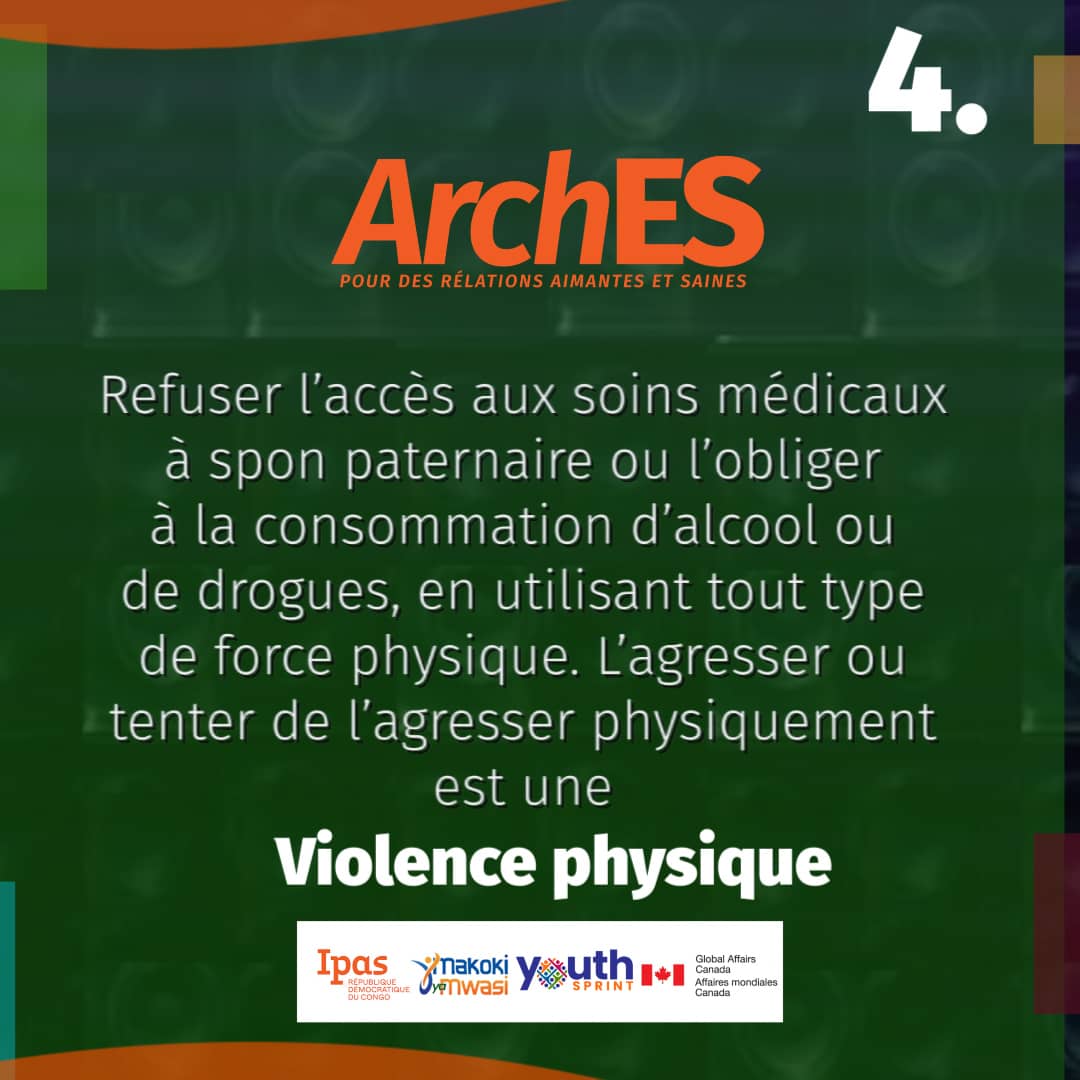 LisaMuhindo's tweet photo. #ARCHES: Refuser l'accès aux soins médicaux à son partenaire, l'obliger à consommer l'alcool,l'agresser ou recourir à la force est une violence physique.
#STOVBG @MakokiYaMwasi @YouthSprint @habariRDC @ailesducoeur1 @SofediOng @Asrjrdcongo @Youthfim @Mulunda_JC @Coalition144 https://t.co/7NwGIdC9nZ