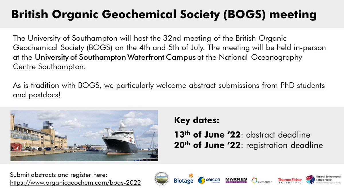 📢BOGS abstract deadline today 📢 Get yer BOGS abstracts in today by 11.59pm. We especially encourage submissions from organic geochemistry MSc &amp; PhD students and postdocs! 

Register and submit abstracts here: organicgeochem.com/bogs-2022