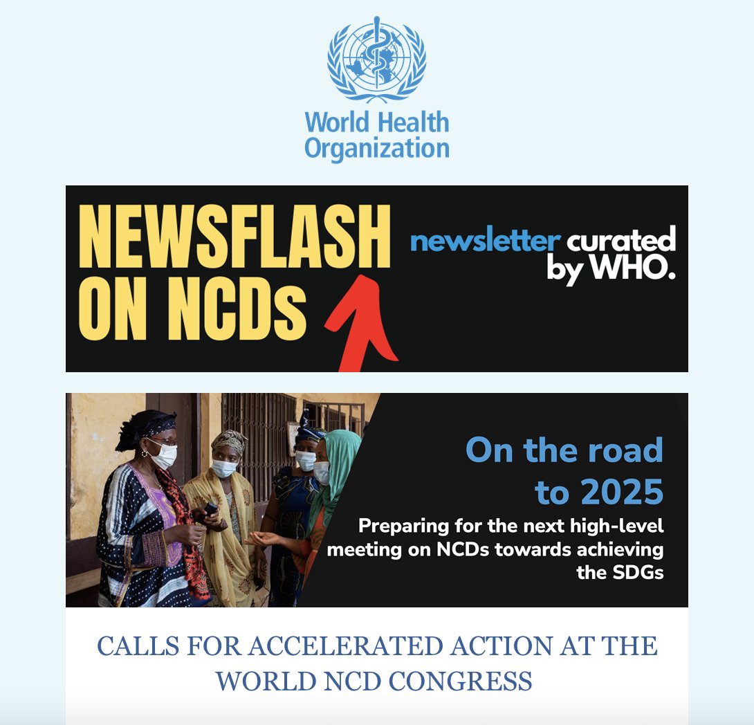 MikkelsenBente_'s tweet photo. 🗣️ Never miss a moment of @WHO's latest work by subscribing to our weekly #NCD Newsflash, landing every Monday morning! This week, we look at updating the Best Buys, safe listening, diabetes and more!

✅ Sign up! https://t.co/Z6VNcjOHqQ
👀 Read this week! https://t.co/BXwhAahQsB https://t.co/8izP9SbfYx