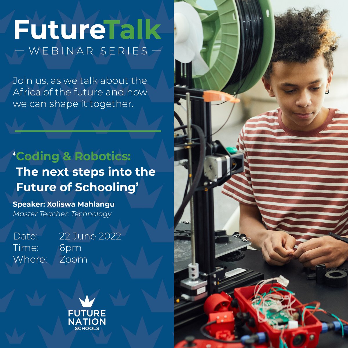 What do coding and robotics in school REALLY look like? Join Master Teacher in Technology, Xoliswa Mahlangu, as she takes us through this question and topics related to the robotics curriculum, project-based learning and related programmes. Sign up here futurenationschools.com/robotics-webin…