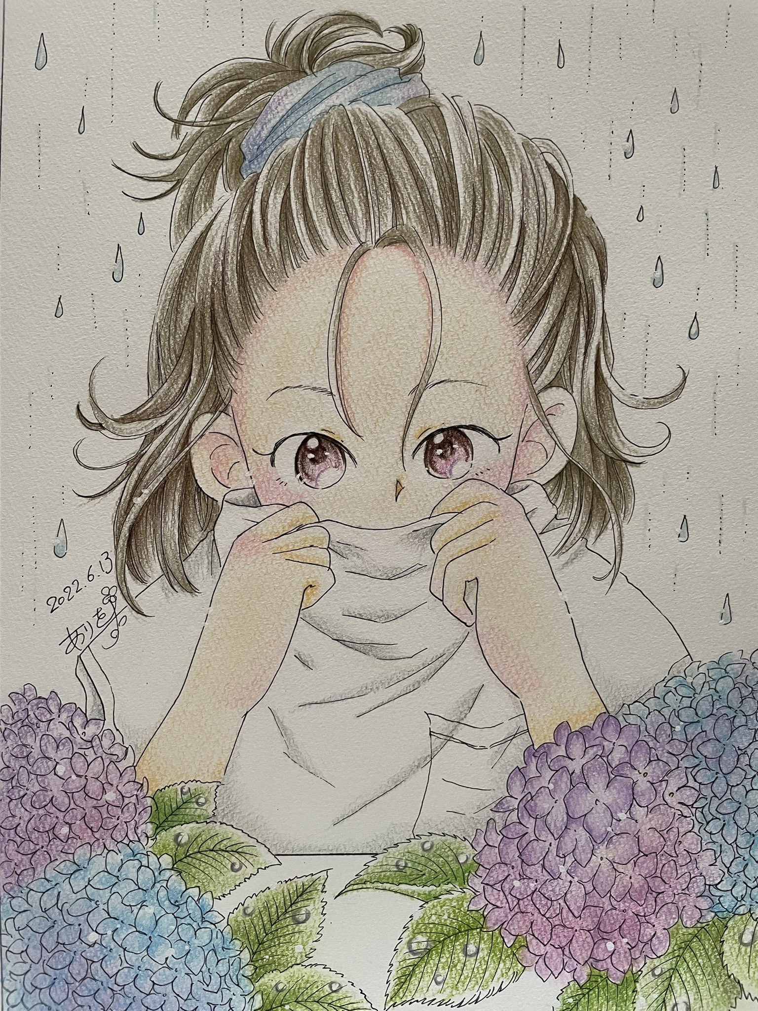 ありを Illustration イラスト 絵描きさんと繋がりたい 色鉛筆イラスト アナログイラスト オリジナル イラスト 女の子イラスト 絵柄が好みっていう人にフォローされたい リツイート嬉しいです 紫陽花と寝起きの女の子 T Co Jympx8qgkc