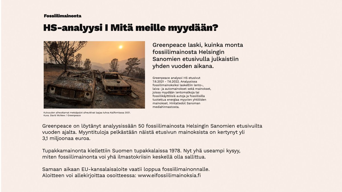 HS-analyysi | Mitä meille myydään? 🧵1/ 

Kävimme läpi <a href="/hsfi/">Helsingin Sanomat</a> etusivullaa vuoden aikana julkaisemat fossiilimainokset. Tarkastelujaksolla niitä oli yhteensä 50. Myyntituloja näistä mainoksista kertyi yli 3,1 miljoonaa euroa. 

#EiFossiilimainoksia #ilmastokriisi #BanFossilAds