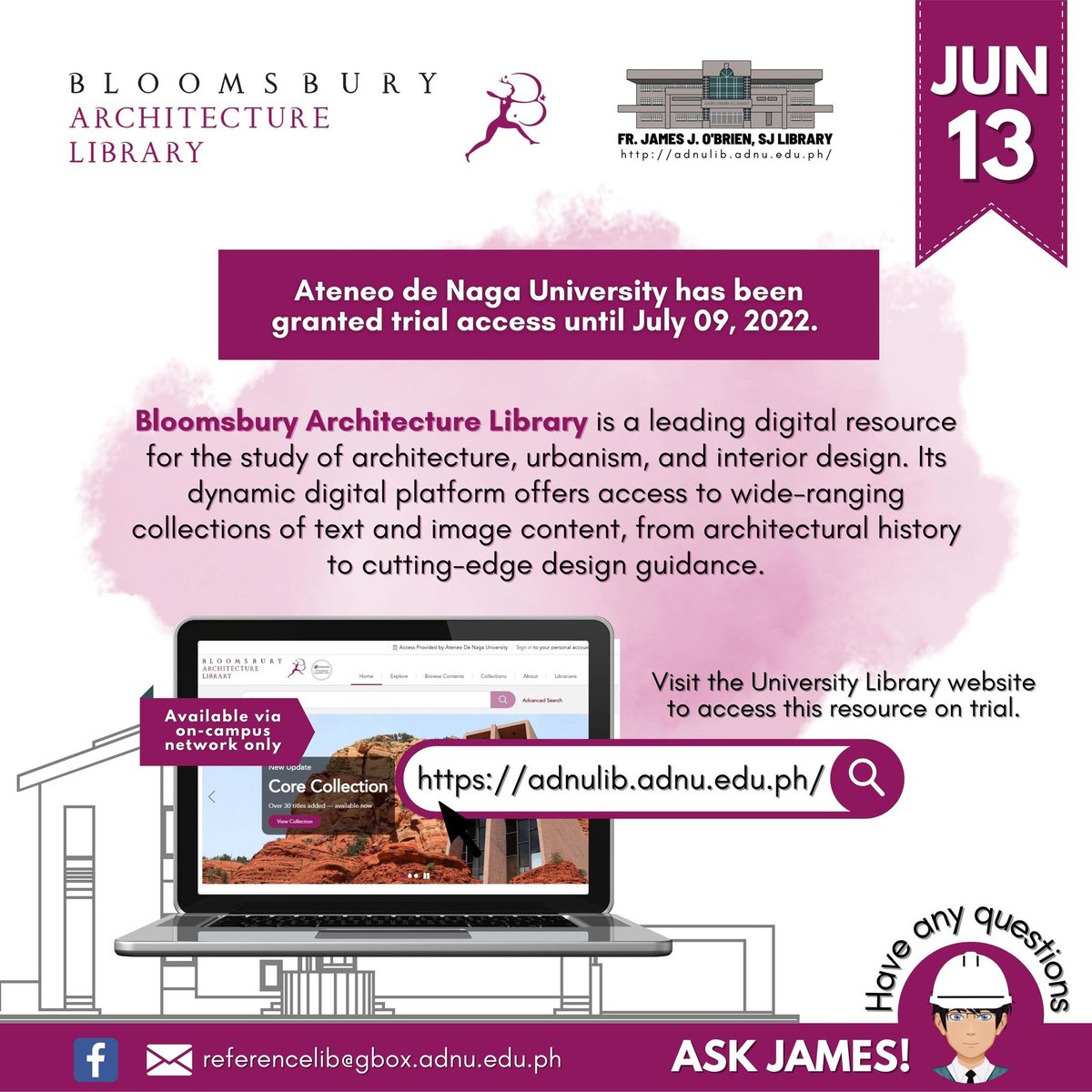ADNU_Official's tweet photo. Ateneo de Naga University is given trial access to Bloomsbury Architecture Library until July 09, 2022.
More details HERE: https://t.co/rk27ZvrnMk
#AdNULibResources #AskJames #AteNEOLibrary #JOBL #AdNULibrary #AskAdNULIbrary #JamesOBrienLibrary
Source: https://t.co/VWZi63JEjv https://t.co/cXWSWMolYU