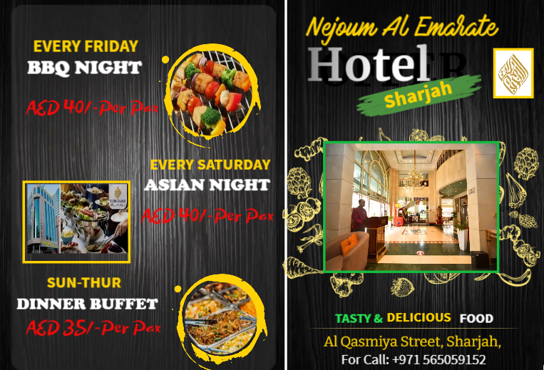 StarsEmirates's tweet photo. Visit us now in Nejoum al Emarate Hotel Sharjah.
Call us for any inquiries:+971 565059152/65635555
See you all there!
#AsianBuffet #asiannight #nejoum #buffet #offers https://t.co/10x9upEARS