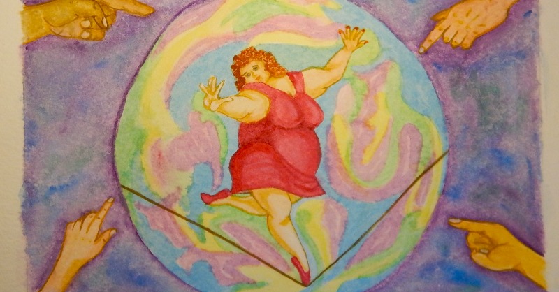 DiabetesUK's tweet photo. "I would watch TV shows about diet &amp; health, they all assumed that people with diabetes had no self-control. That made me feel worthless.

That's why I made this painting, to show how we try to keep our balance as we try to cope with the world around us." #DiabetesWeek