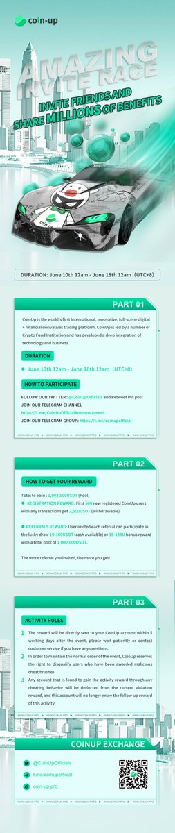 CoinUp Register &amp; Referral Amazing Race
1 Million #USDT #Airdrops #giveaway to first 500 user

Duration⏰: Jun 10 - Jun 18
1⃣ Follow <a href="/CoinUpOfficials/">CoinUp.io</a> like &amp; rt pinned
2⃣ Register on coin-up.pro
3⃣ Fill in form forms.gle/9zLGwxxwekZAkv…

Details: coin-up.pro/en_US/noticeIn…