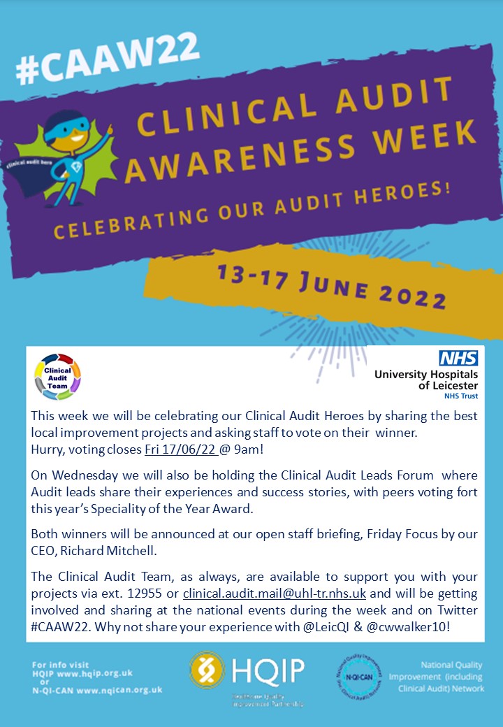 Here are further details about what will be happening across <a href="/Leic_hospital/">Leicester's Hospitals</a> this week to celebrate #clinicalaudit #CAAW22

We've had 50 votes already for the 50 CA improvement awards 😀🗳️
