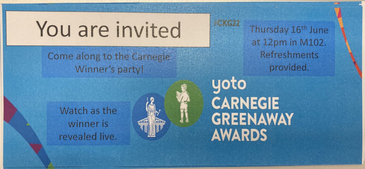 Carnegie Shadowers have been invited to a party to find out who will win the Carnegie Medal. We are really looking forward to it. @GeorgeEliotAcad #CKG22