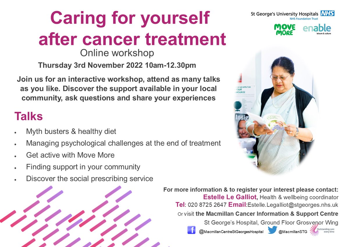 Estelley77's tweet photo. βΌοΈNew dates are in for our online #healthandwellbeing workshops - open to all affected by #cancer. Contact me for more information & to book or visit @MacmillanSTG when next in @StGeorgesTrust #Livingwithandbeyondcancer #PersonalisedCare #ExpofCare #OutstandingCareEverytime https://t.co/dQ4ZP06kw0
