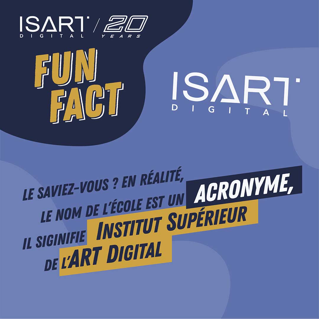 isartdigital's tweet photo. Chaque mois, le #FunFactISART vous dévoile une anecdote marquante ou insolite sur les 20 ans de l’école ! 🗯️
👉 Le saviez-vous ?
En réalité, le nom de l'école est un acronyme, il signifie Institut Supérieur de l'ART Digital ! https://t.co/pPbB00QSPA