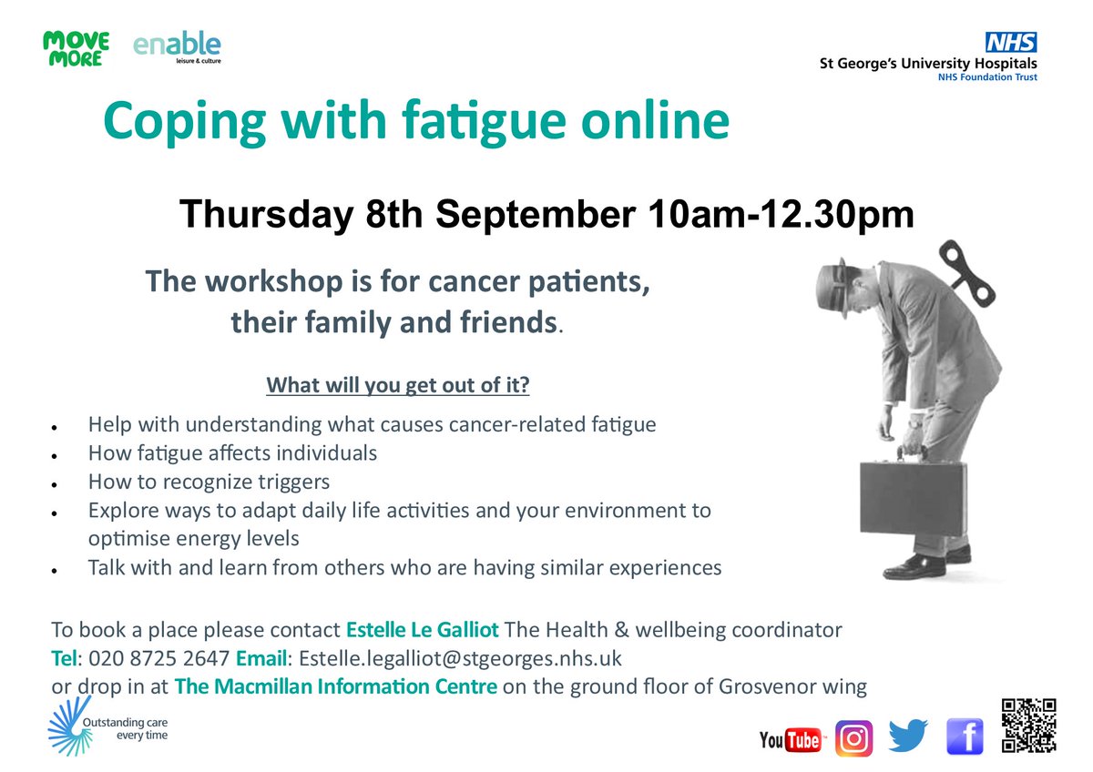 ‼️New dates are in for our online #healthandwellbeing workshops - open to all affected by #cancer. Contact me for more information & to book or visit @MacmillanSTG when next in @StGeorgesTrust #Livingwithandbeyondcancer #PersonalisedCare #ExpofCare #OutstandingCareEverytime