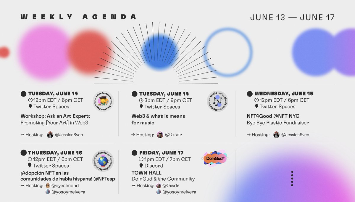 DoinGudHQ's tweet photo. Good Morning ☀️Happy Monday✨
Here is our Weekly Event Calendar for you to interact and connect with the DoinGud community 🗓
Lets #StartDoinGud 😇 https://t.co/Wmdien42DX
