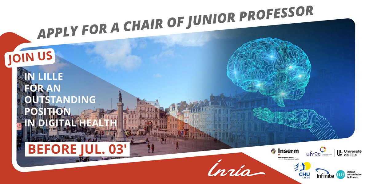 Création de la Chaire de professeur junior en santé numérique pour notre centre.
🗓️Candidatez avant le 3 juillet 
 ▶️inria.fr/fr/emploi-chai…