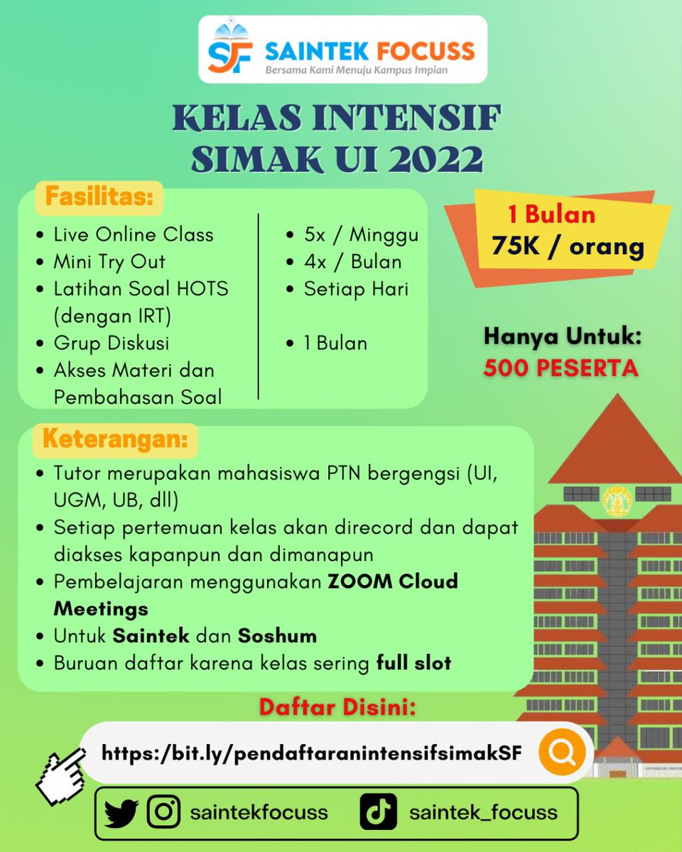 sbmptnfess's tweet photo. 🔥KELAS INTENSIF SIMAK UI🔥
Fasilitas :
✅ 5x live online class/Minggu
✅ 4x TO
✅ Latsol tipe Simak everyday
✅ Tutor dari PTN bergengsi

[SAINTEK &amp; SOSHUM]

Price
💵:Rp75k/bulan

🔥 TERBATAS HANYA UNTUK 500 PESERTA🔥
@saintekfocuss

📍Link Pendaftaran :
https://t.co/mXXcXN2ZVg https://t.co/4pdLsvF0TE