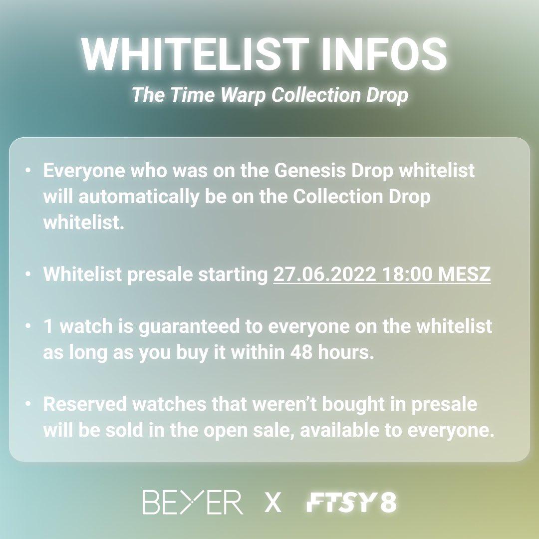 TimeWarpNFT's tweet photo. Join our FTSY8 Discord👾 Stay tuned for further information regarding price and buying options💎  #whitelist #watchnft #WhitelistGiveaway https://t.co/cdxLWWdHek